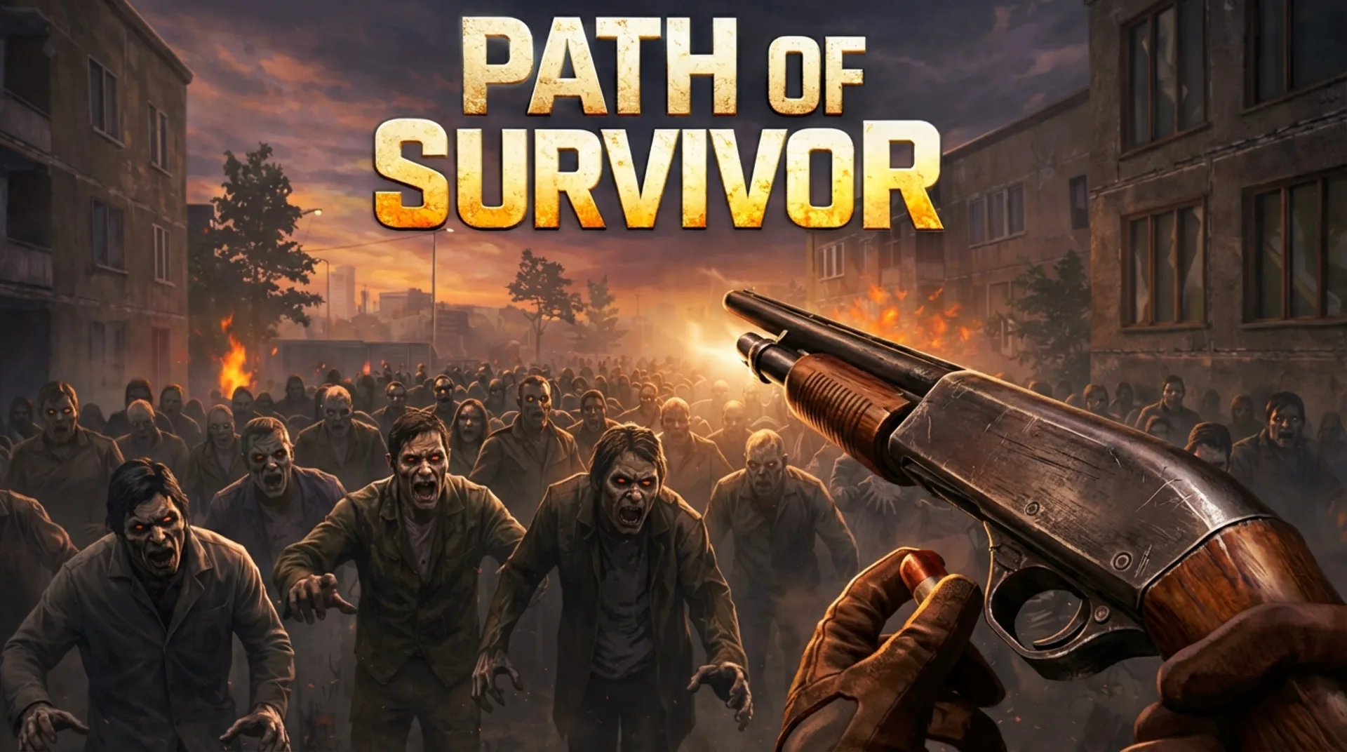Play Path of Survivor online free - intense first-person shooting game with a player aiming at a zombie horde in a browser.