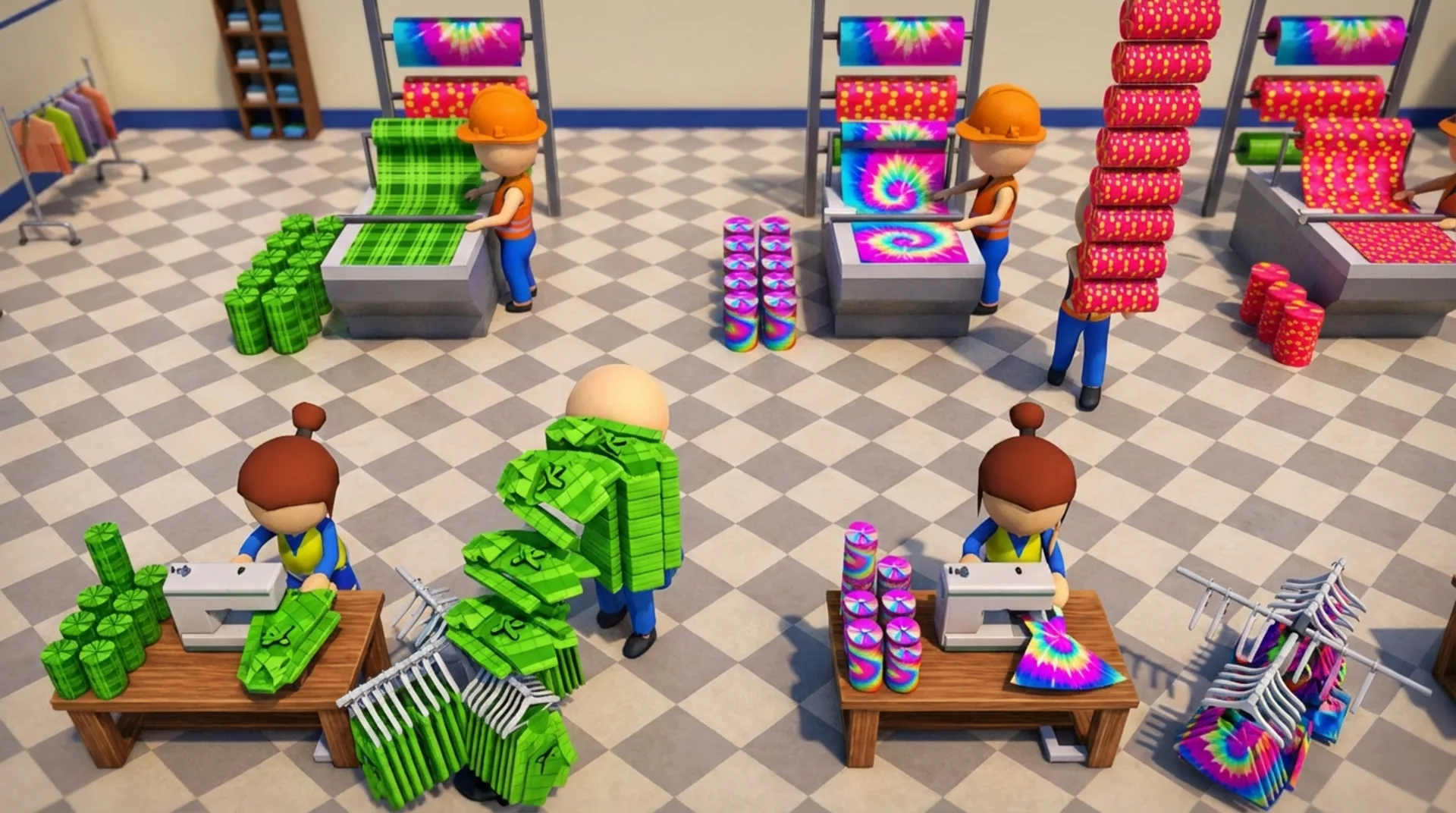 Play Fashion Factory online free - a casual idle arcade game where you build a clothing empire with colorful production lines.