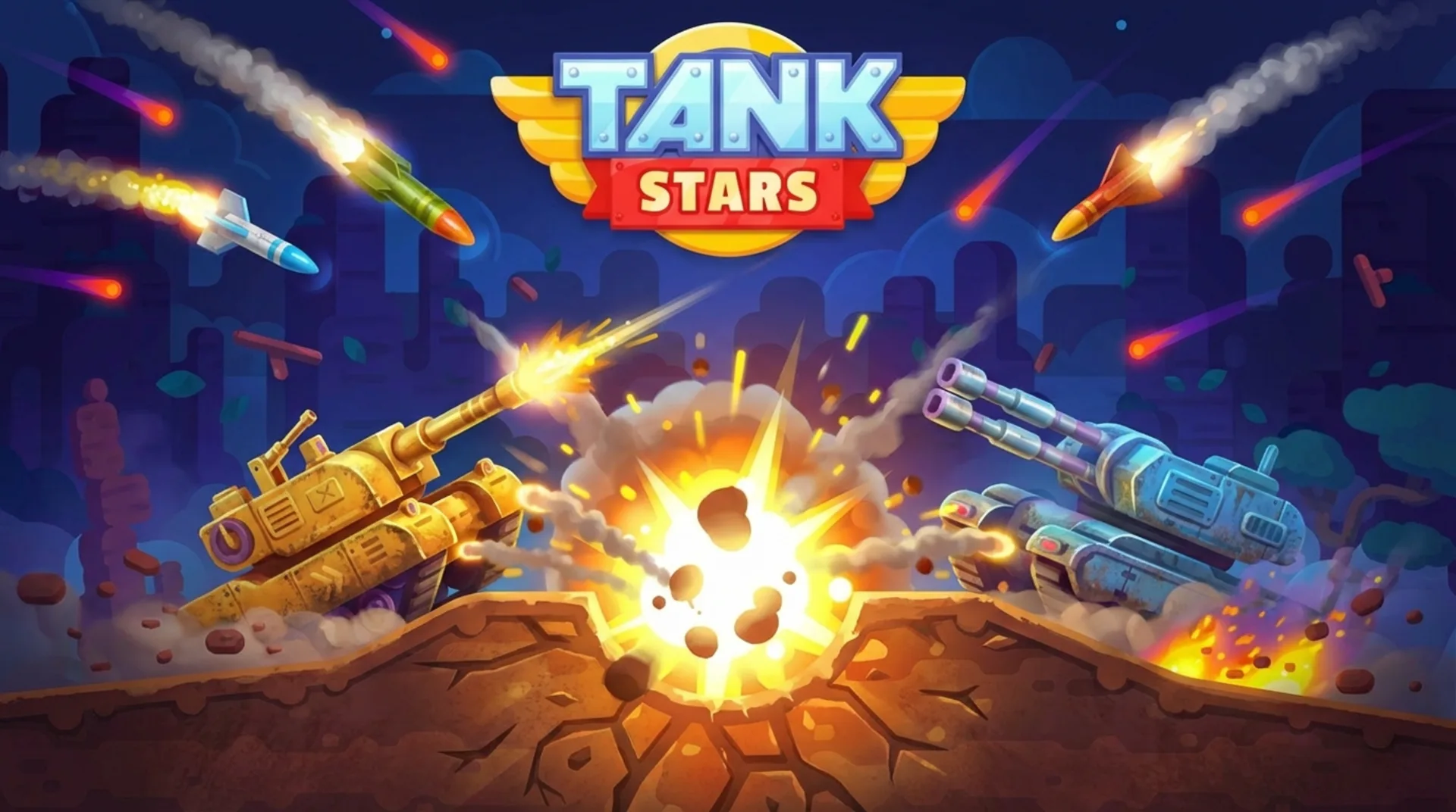 Play Tank Stars online free - an action browser game with explosive physics-based combat and destructible terrain.