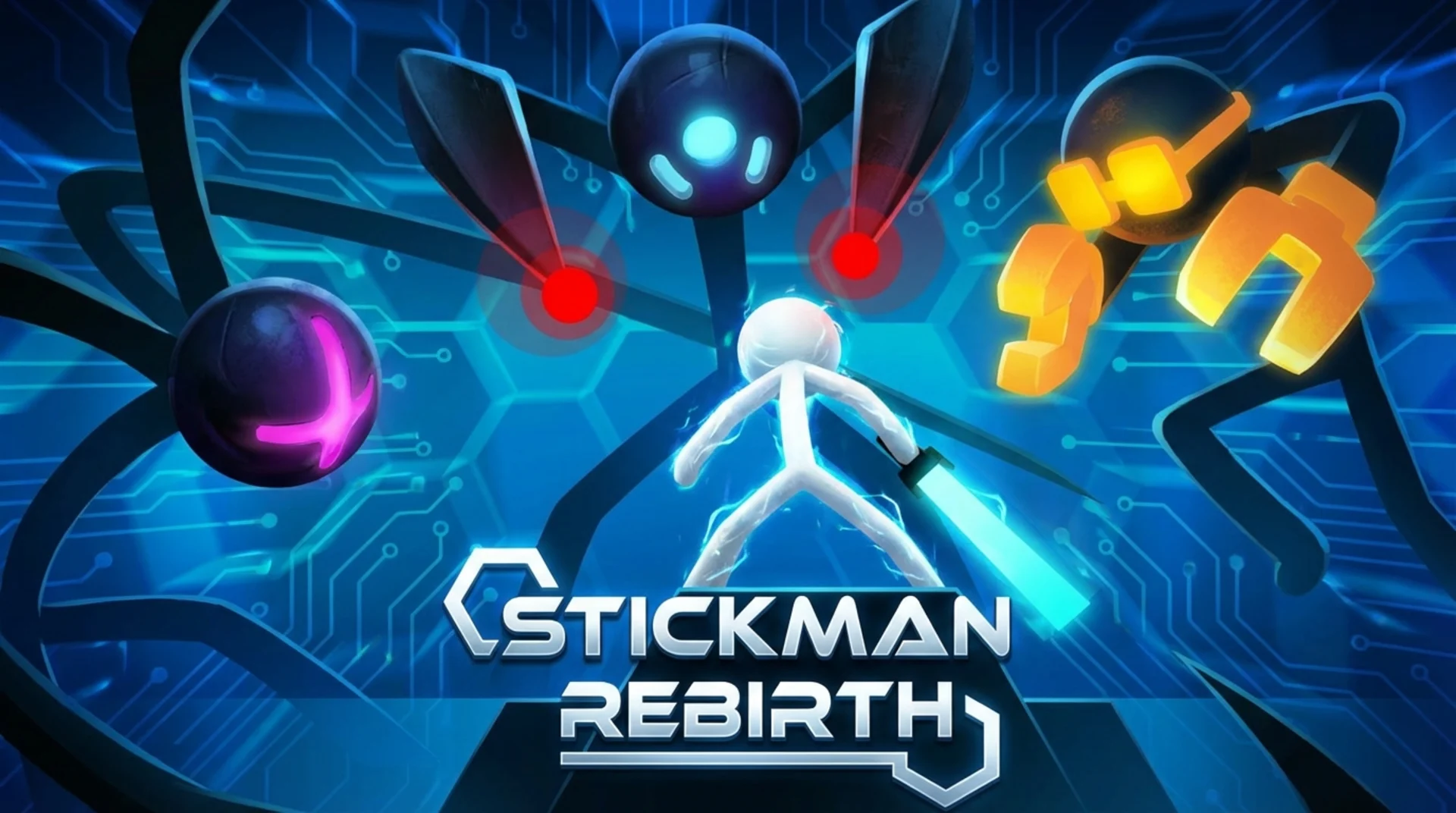 Play Stickman Rebirth, a physics-based action browser game, showing a stickman swinging a robot into another in a chaotic lab battle.