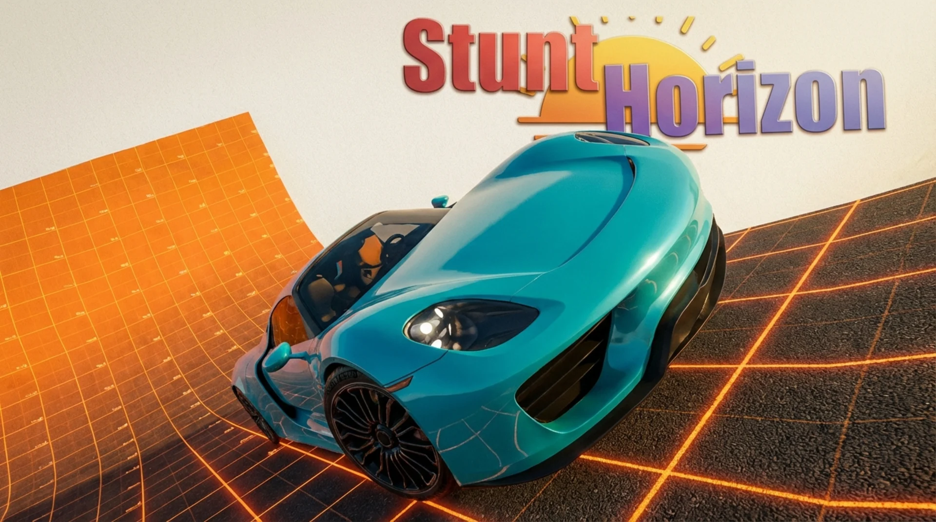 Play Stunt Horizon online free, a 3D driving game featuring a sports car performing mid-air flips on a challenging sky track.
