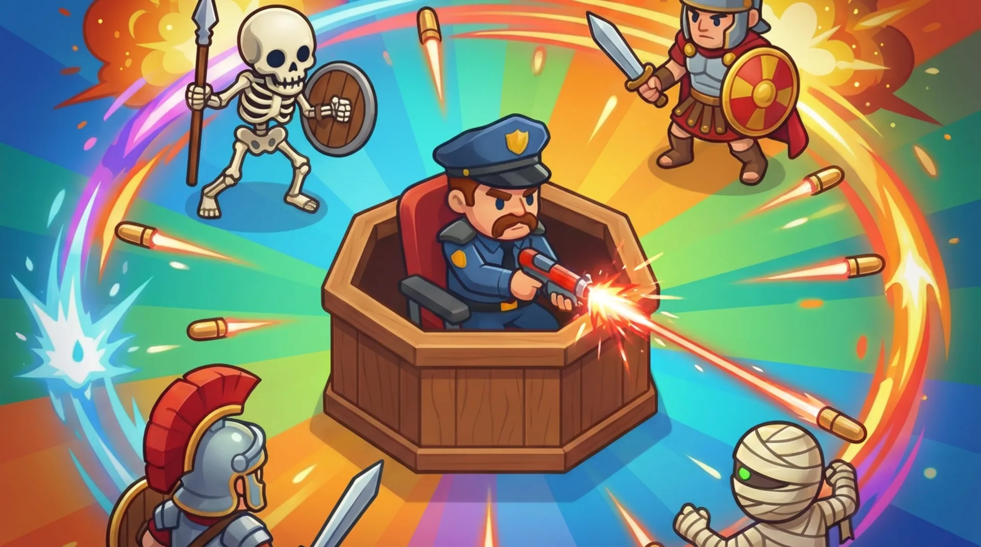 Play Chair Force Buzz online free - a fast-paced top-down action roguelite browser game with twin-stick shooter controls.