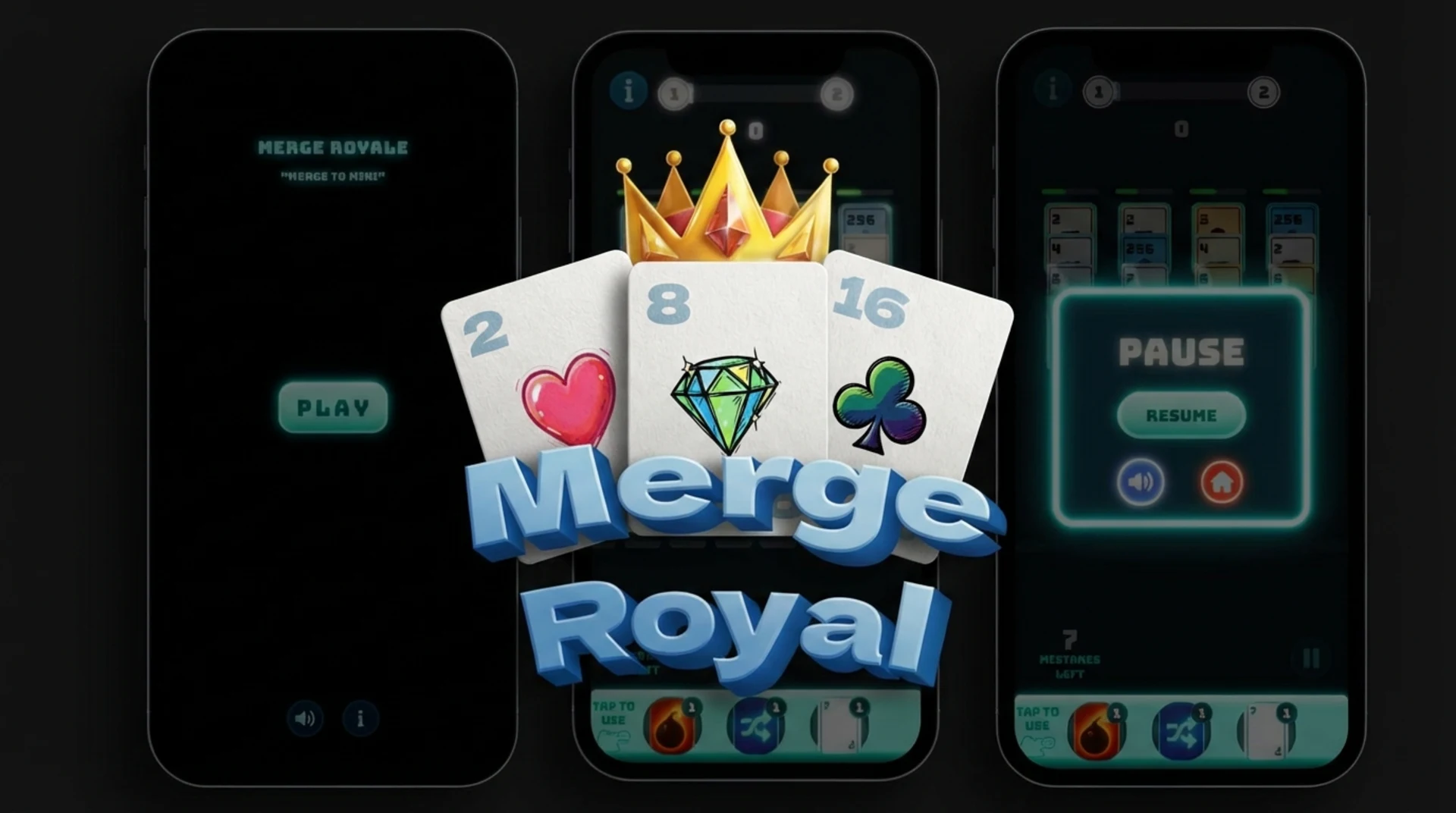 Play Merge Royal online free, a smooth 2048-style puzzle browser game with strategic card merging.