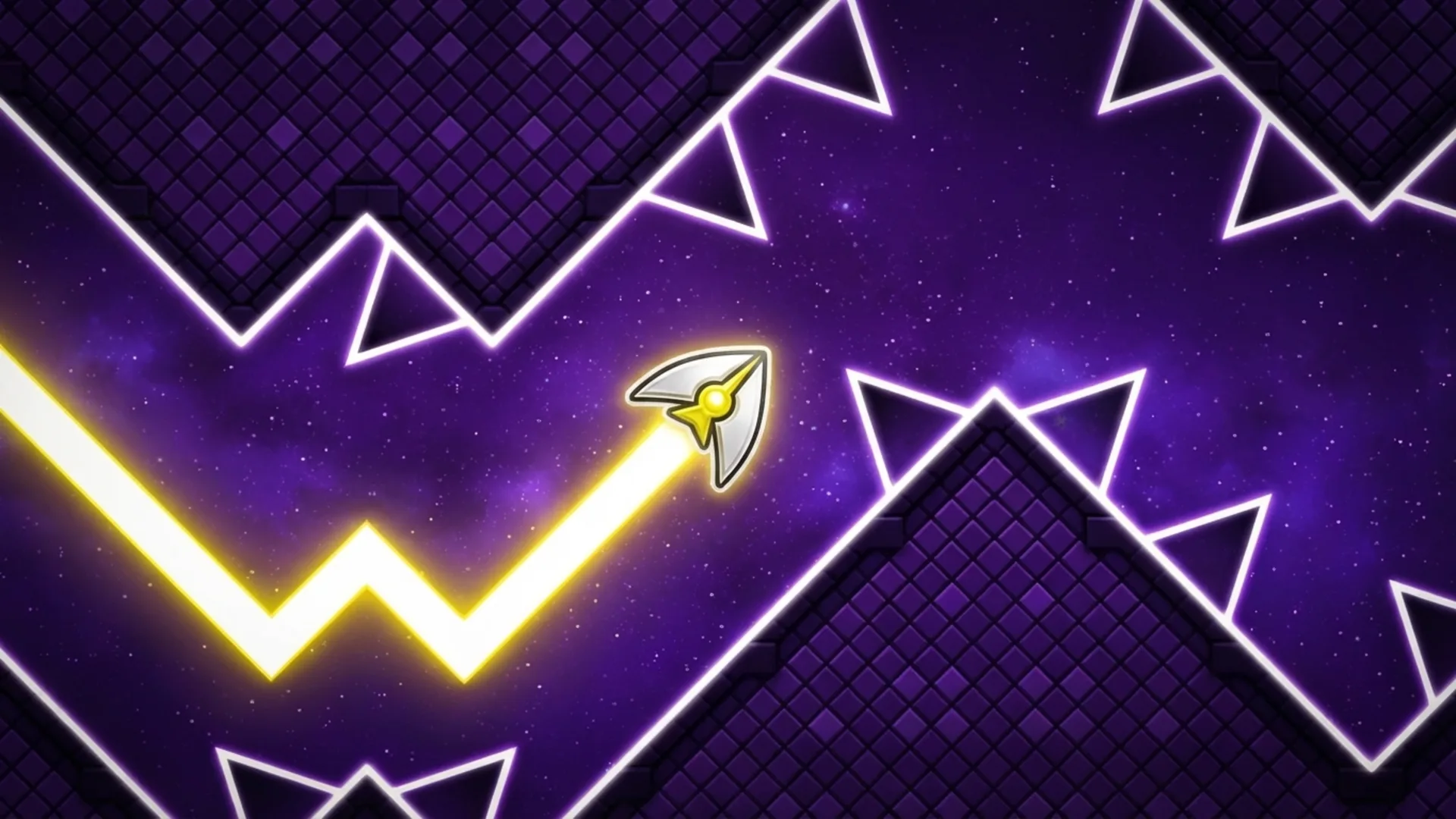 Gameplay of Space Waves, a challenging casual browser game. Guide a neon arrow through obstacles. Play this one-button game online free.