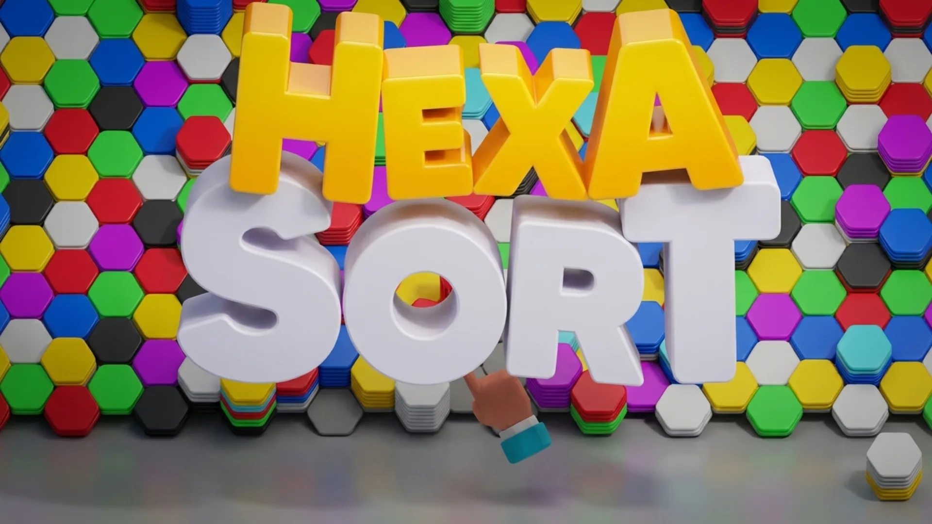 Play Hexa Sort online free - a visually satisfying puzzle game with colorful 3D hexagonal tile stacks to sort.