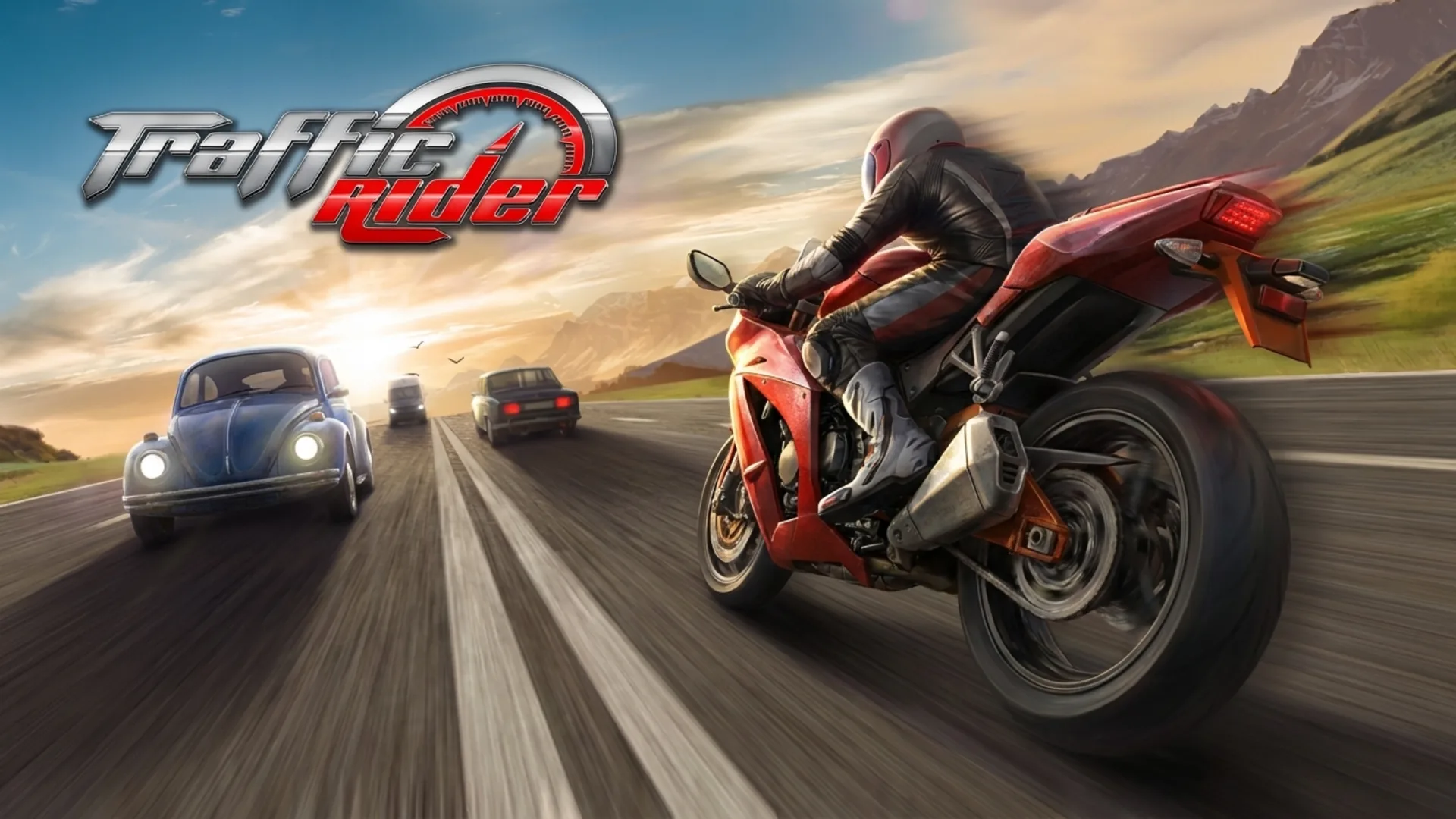 Play Traffic Rider online free, a first-person driving game showing a motorbike weaving through highway traffic at high speed.