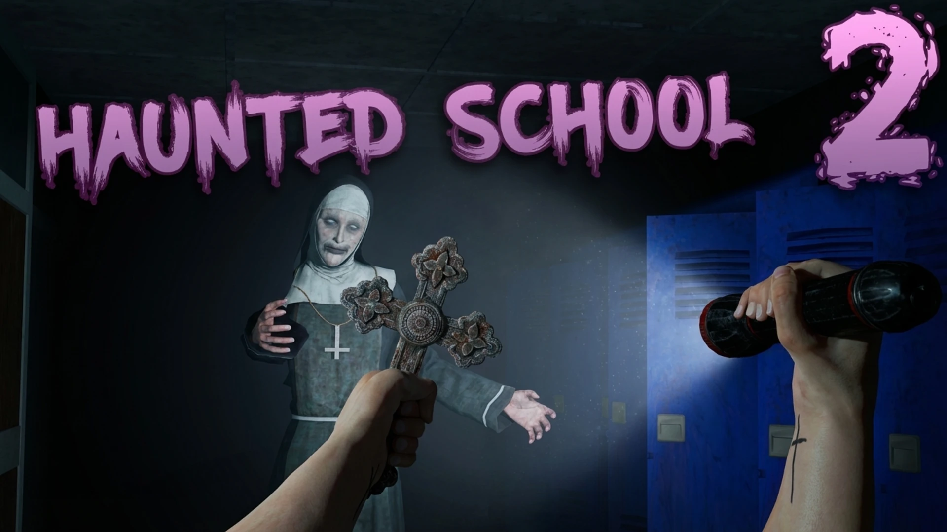 Play Haunted School 2 online free, a terrifying action-horror browser game showing a dark school hallway lit by a torch.