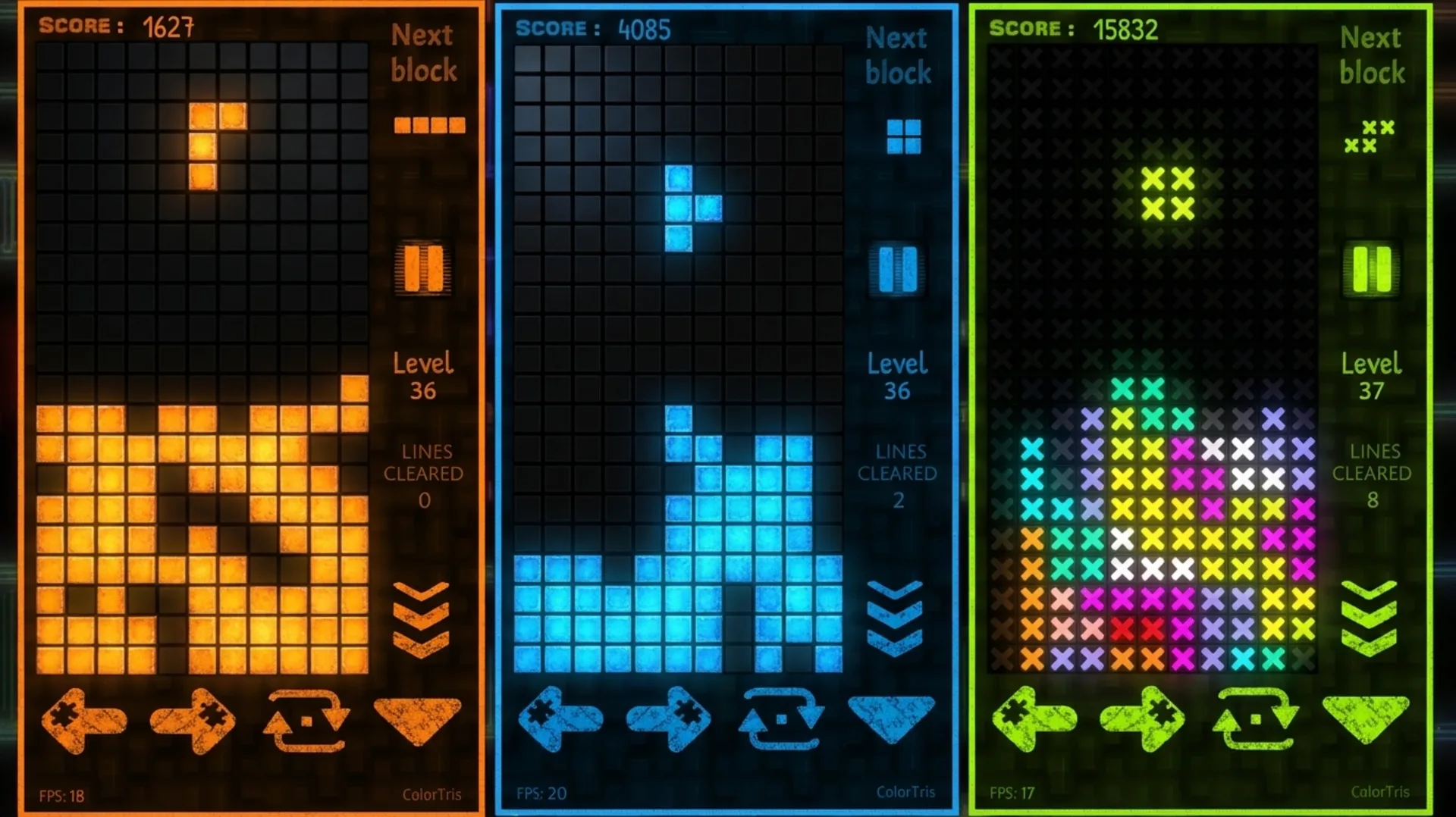 Play ColorTris puzzle game online free. A vibrant, fast-paced tile-matching browser game with falling colored blocks.