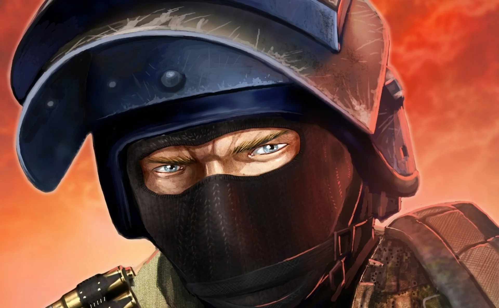 Play Bullet Force online free - a 3D Shooting game showing a first-person view of a soldier aiming a rifle in a firefight.