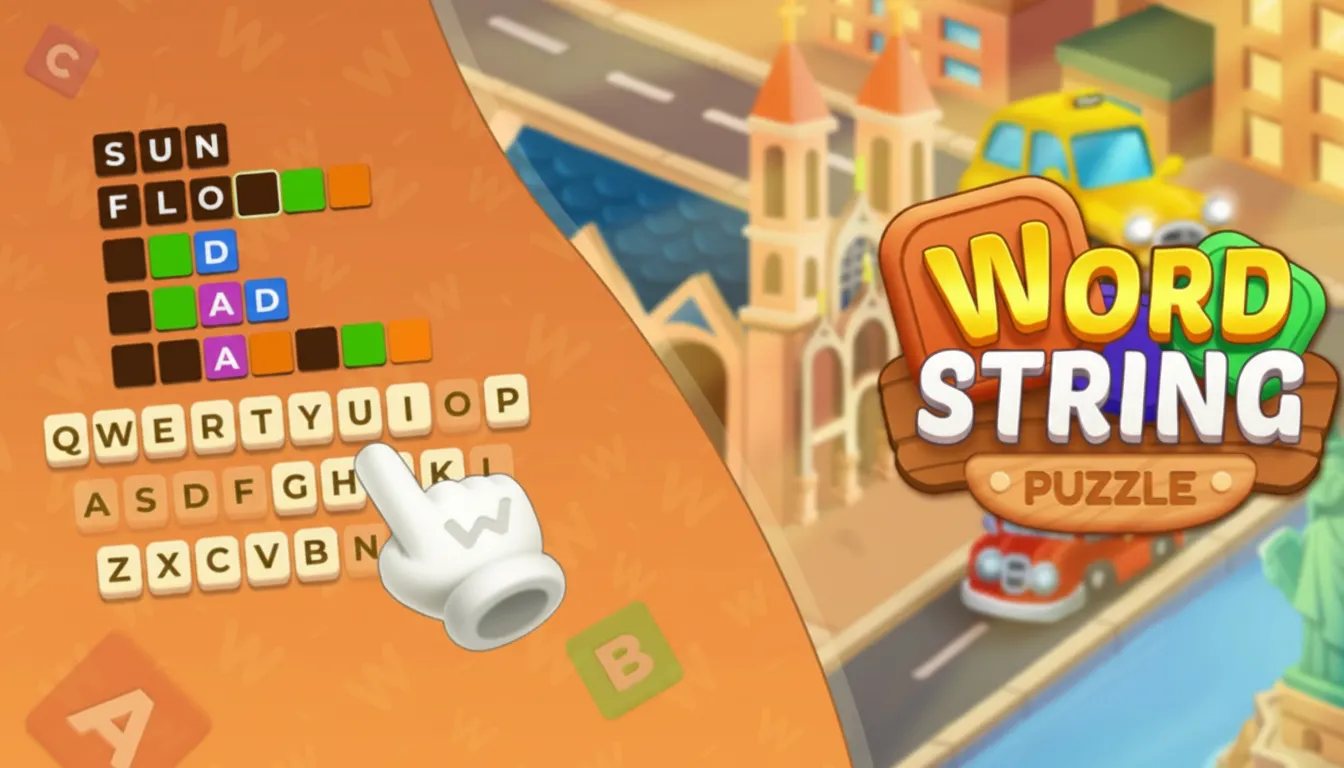 Play Word String Puzzle online free, an addictive word game where you link words to solve puzzles in your browser.