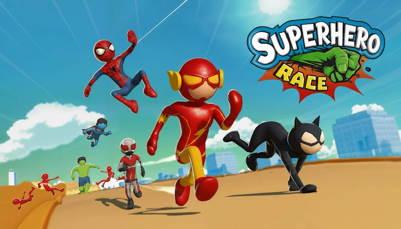 Play Superhero Race! online free, a vibrant 3D arcade racing browser game featuring costumed heroes on a futuristic track.