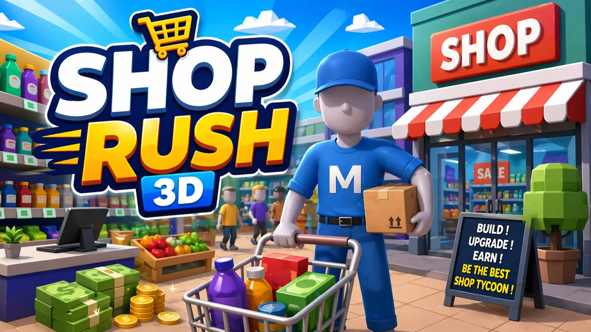 Play Shop Rush 3D online free, a 3D simulation game where you manage a busy supermarket and serve cartoon customers.