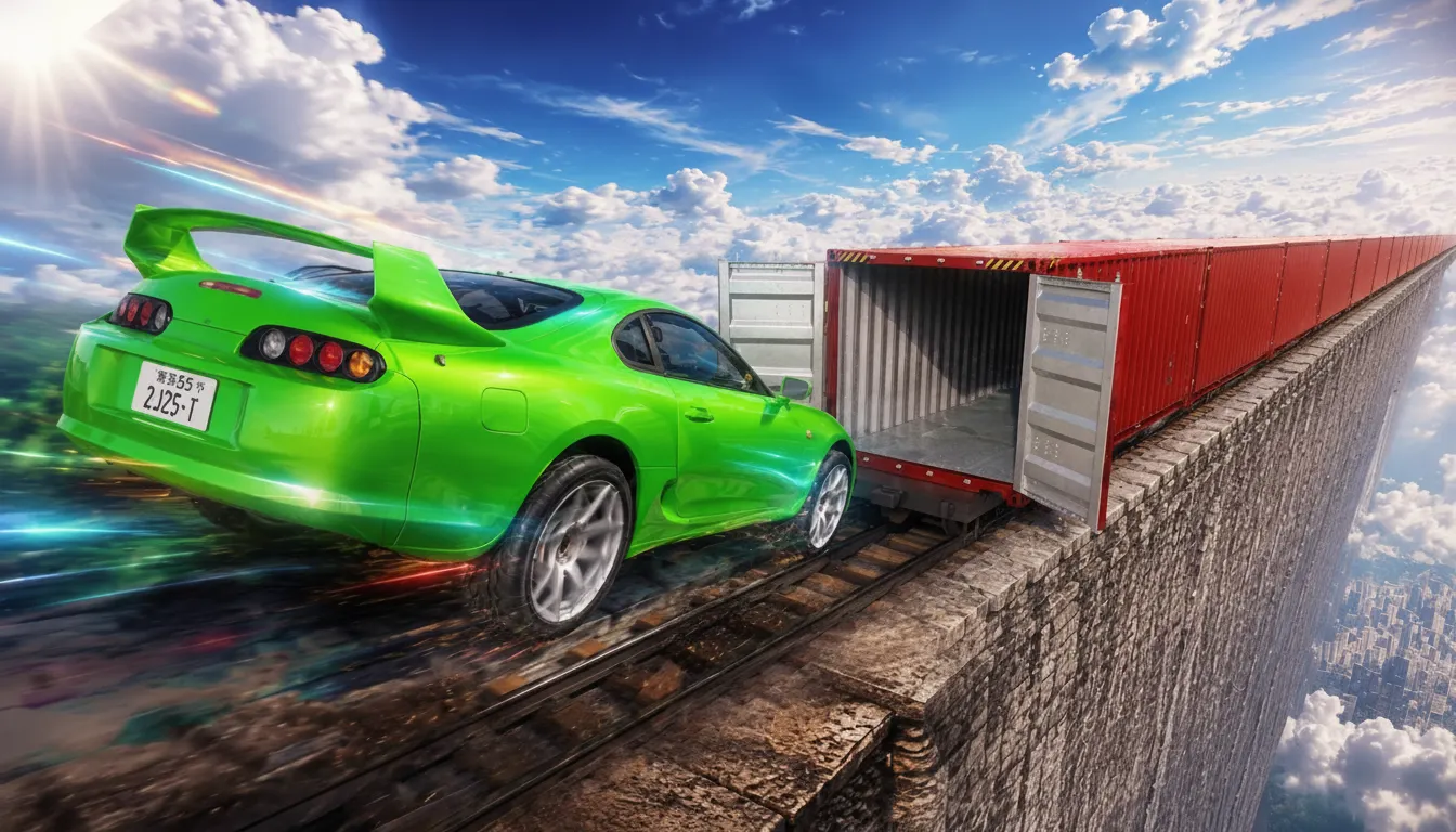 Play Crash Skill Racing online free - a thrilling driving game featuring a red sports car drifting through highway traffic.